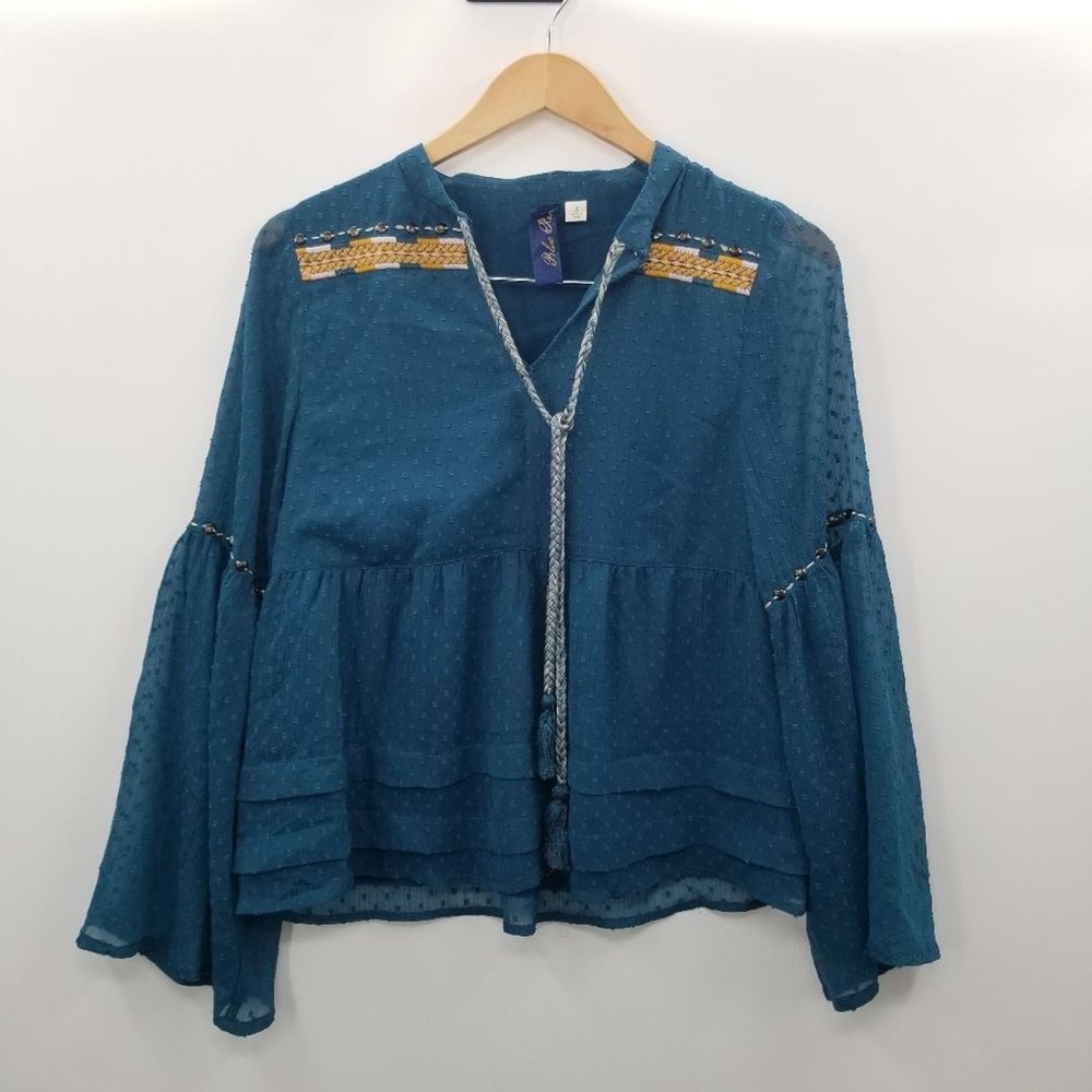 Blue Rain teal studded Western boho peasant blouse blue size S